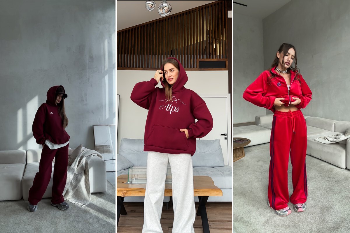 Бордовый утеплённый костюм BURGUNDY, худи ALPS и красный велюровый RED