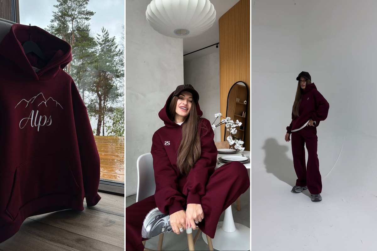 Худи ALPS бордового цвета и утеплённый костюм BURGUNDY с двойным капюшоном