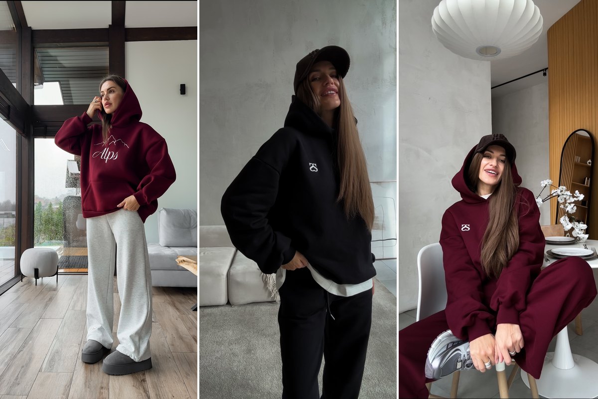 Худи ALPS с широкими брюками, костюм BLACK с худи навыпуск, костюм BURGUNDY