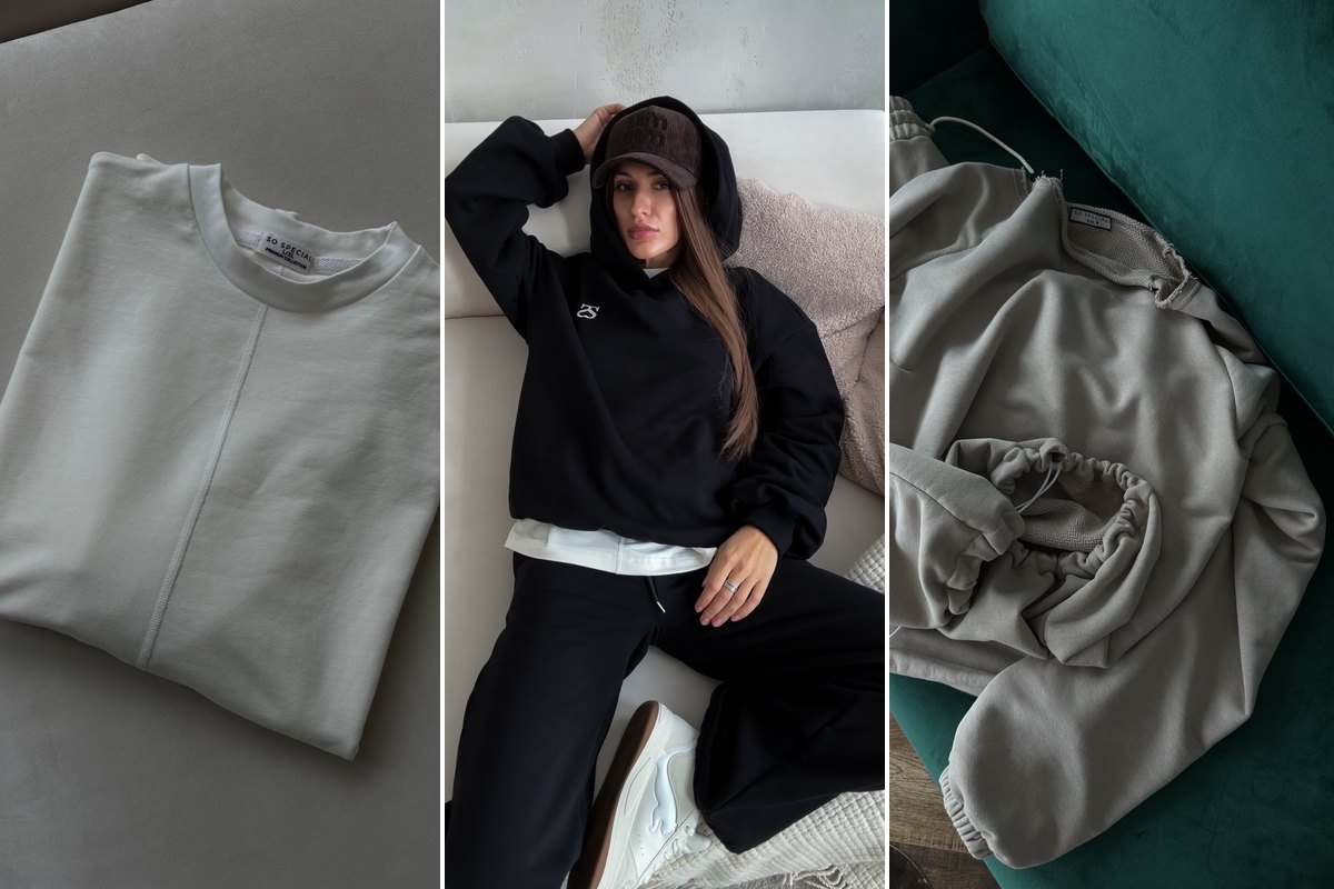 Хлопковые вещи после стирки: футболка SO MILK, костюм BLACK из футера и РОСКОШЬ